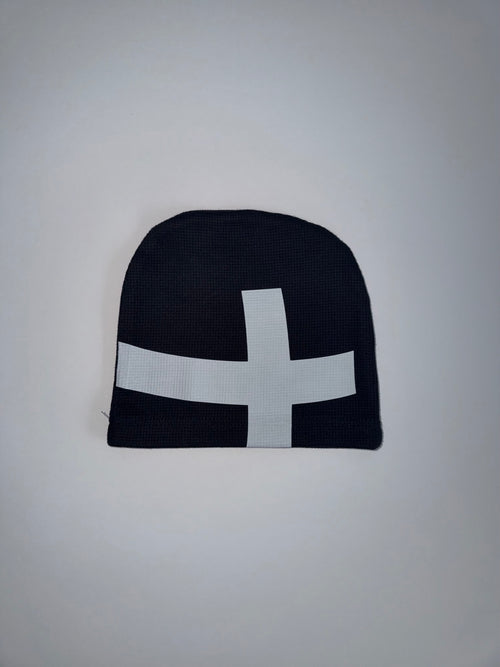 GO-EL Black Cross Thermal Beanie, 14 oz 100% cotton, front product photo