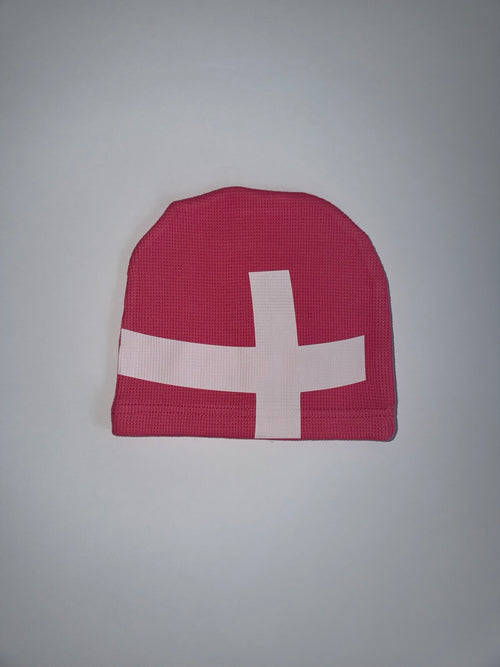 GO-EL Pink Cross Thermal Beanie, 14 oz 100% cotton, front product photo