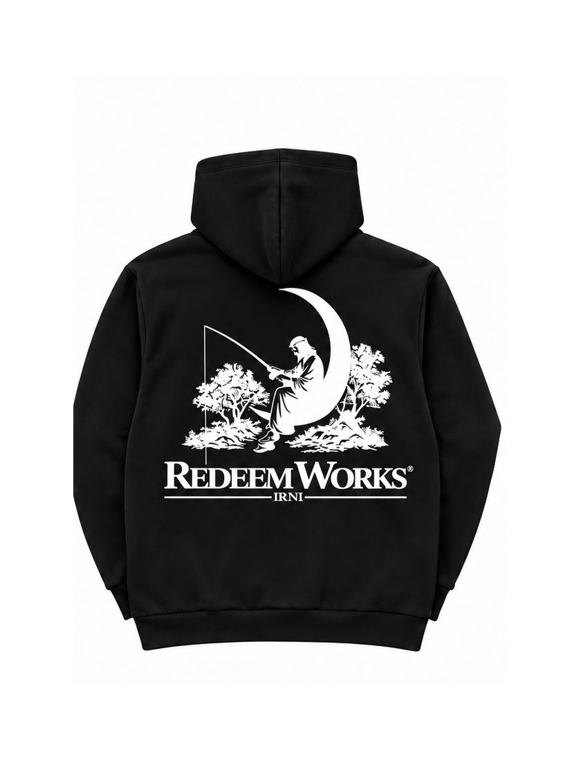 Redeem Works Black zip-up hoodie back on white background