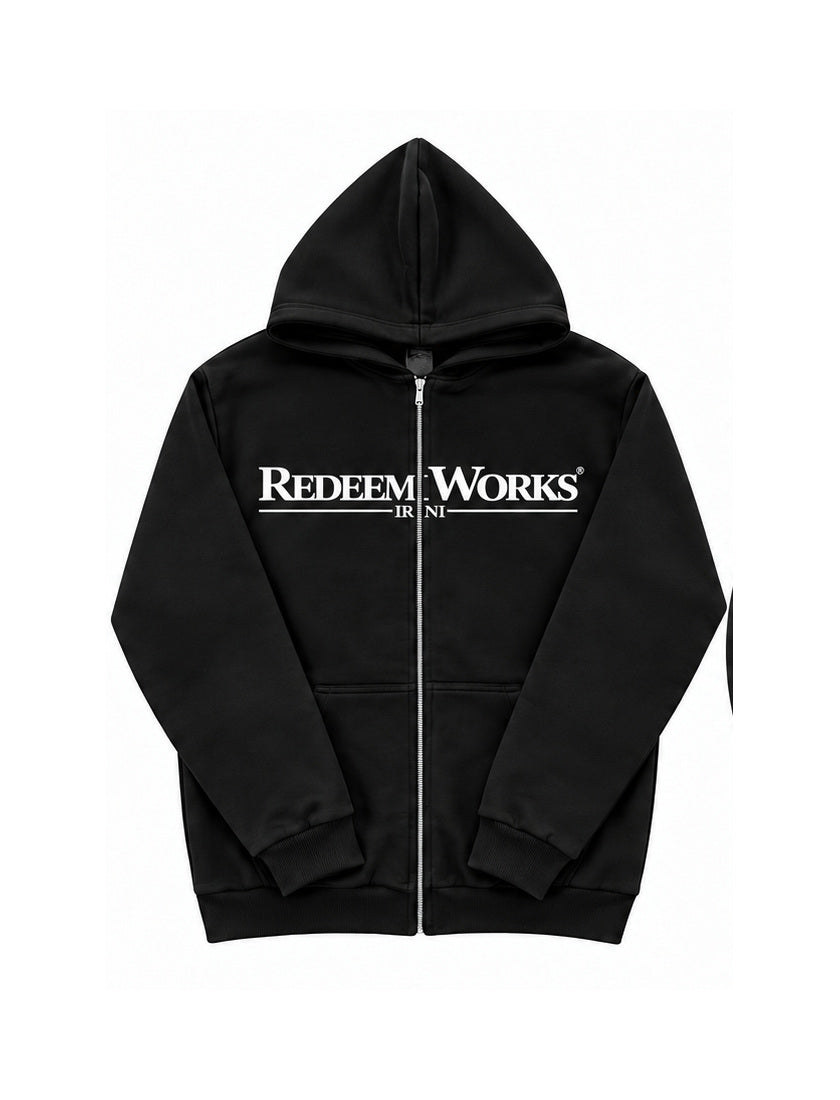 Redeem Works Black zip-up hoodie front on white background