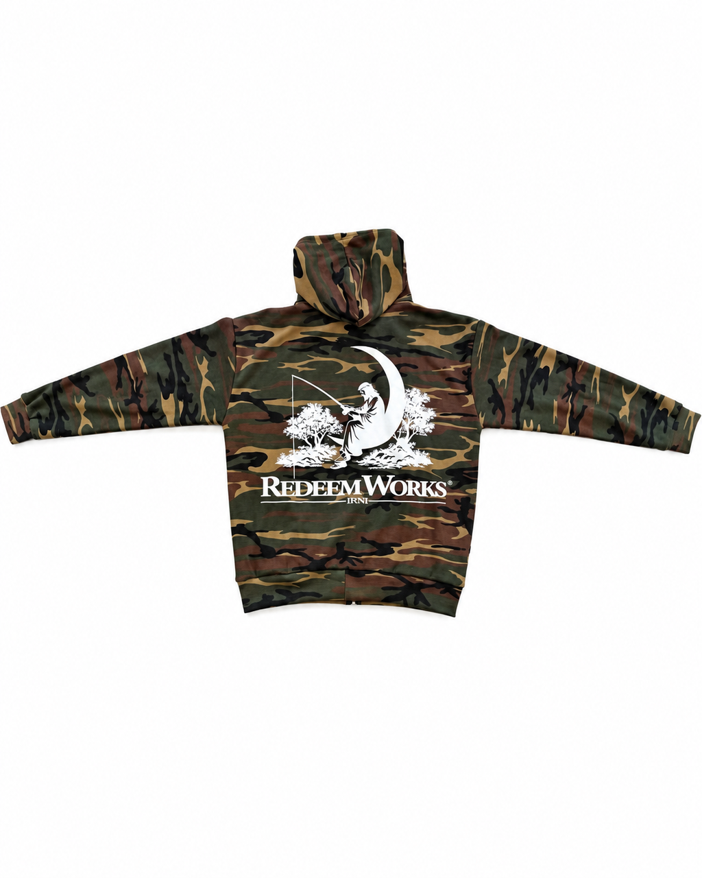 Redeem Works woodland camouflage zip-up hoodie, back on white background