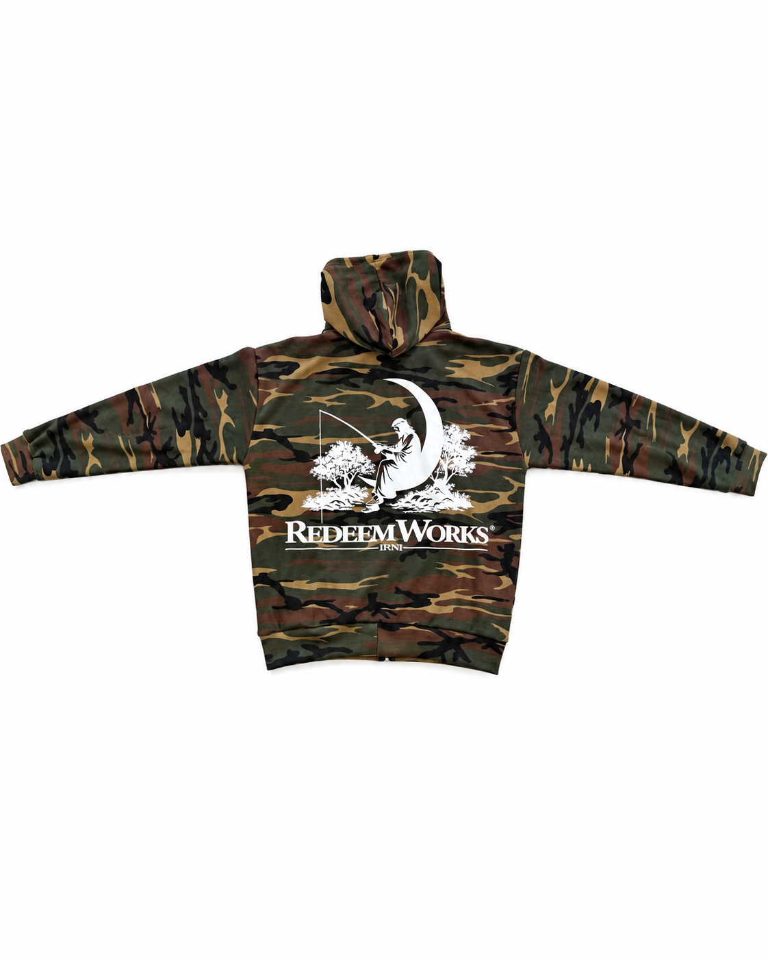 Redeem Works woodland camouflage zip-up hoodie, back on white background