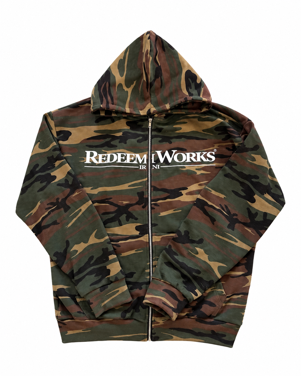 Redeem Works woodland camouflage zip-up hoodie, front on white background