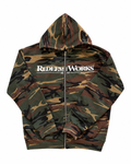 Redeem Works woodland camouflage zip-up hoodie, front on white background