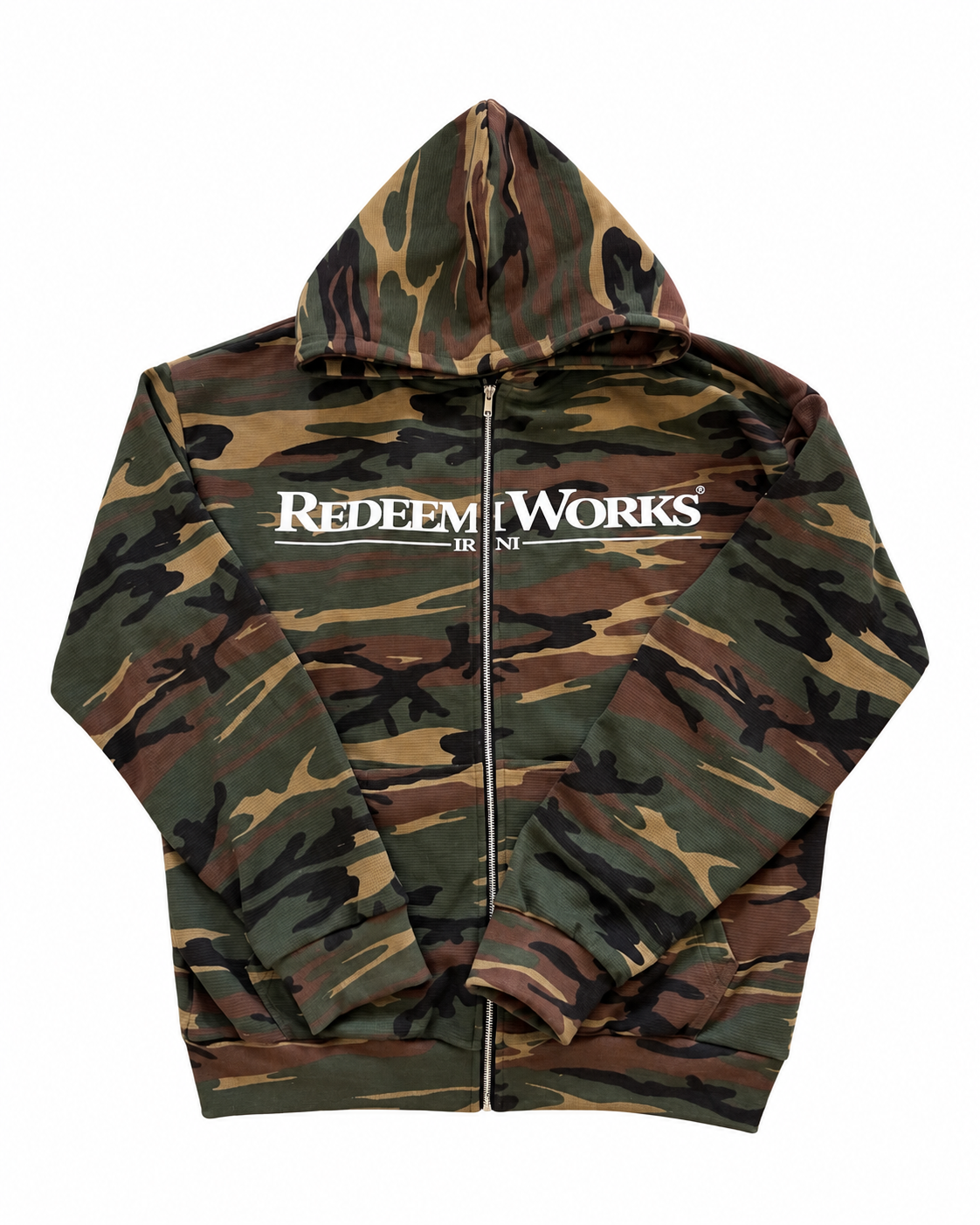 Redeem Works woodland camouflage zip-up hoodie, front on white background