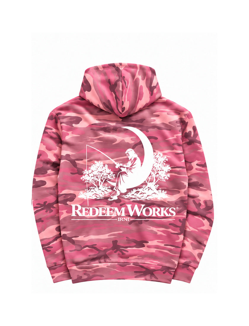 Redeem Works Pink Camo zip-up hoodie back on white background