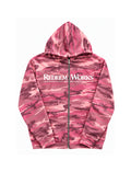 Redeem Works Pink Camo zip-up hoodie front on white background