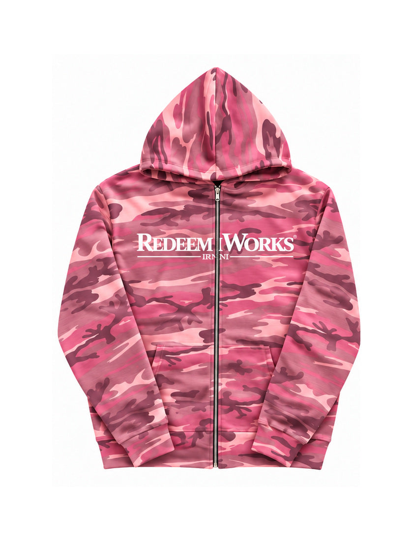 Redeem Works Pink Camo zip-up hoodie front on white background